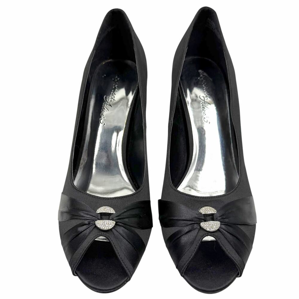 Easy Street Alive 5 Vintage Y2K Black Satin Rhinestone Peep Toe Kitten Heels 12 - Picture 3 of 7